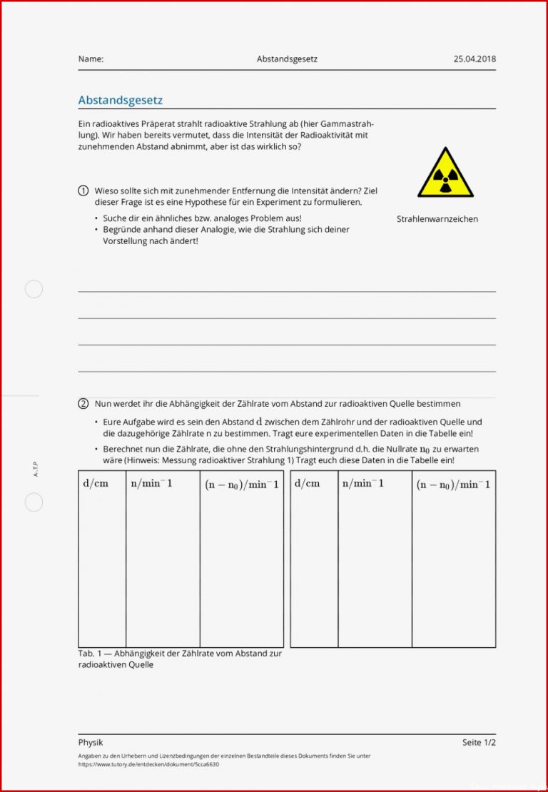 Arbeitsblatt Abstandsgesetz Physik Allgemeine