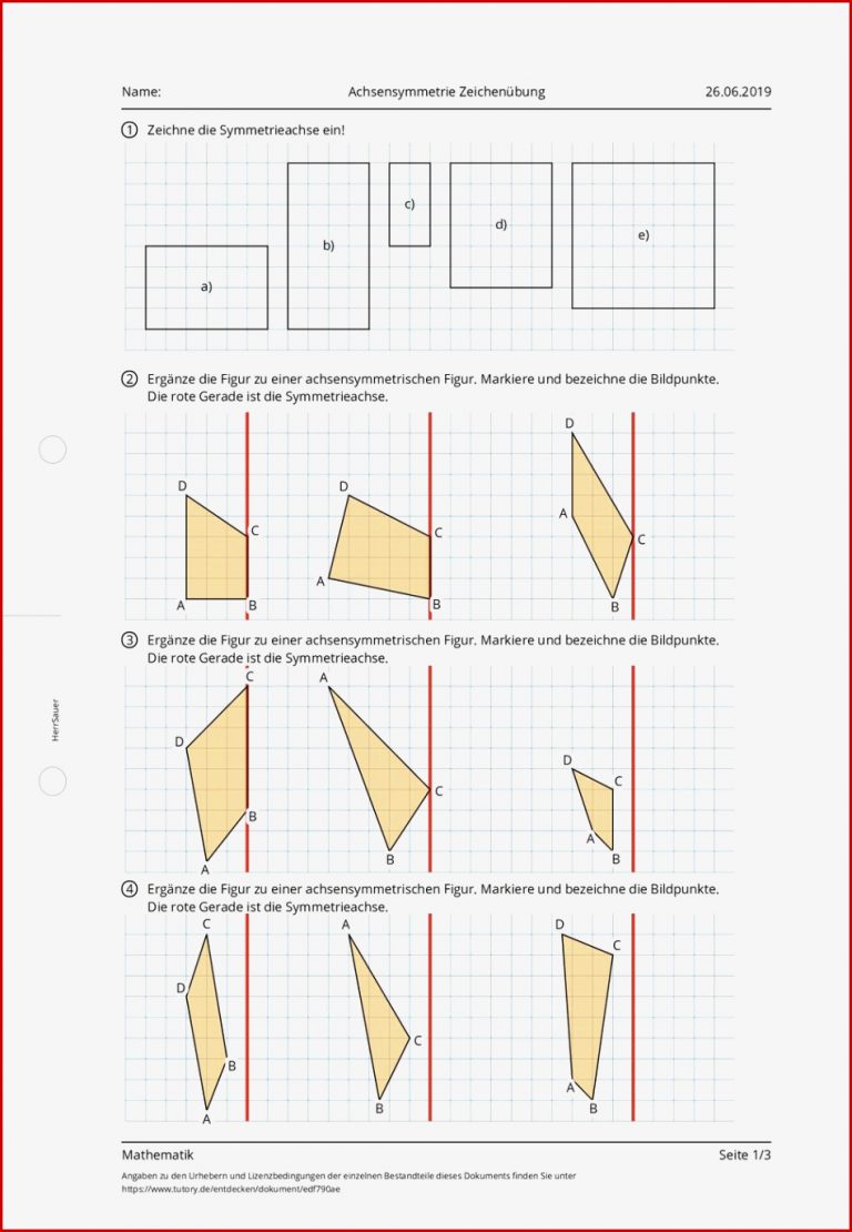 Arbeitsblatt Achsensymmetrie Zeichenübung Mathematik