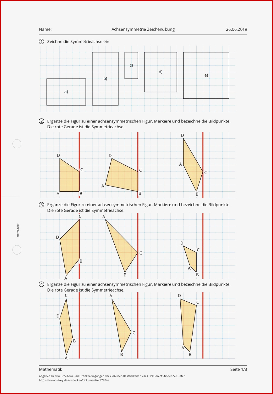 Arbeitsblatt Achsensymmetrie Zeichenübung Mathematik