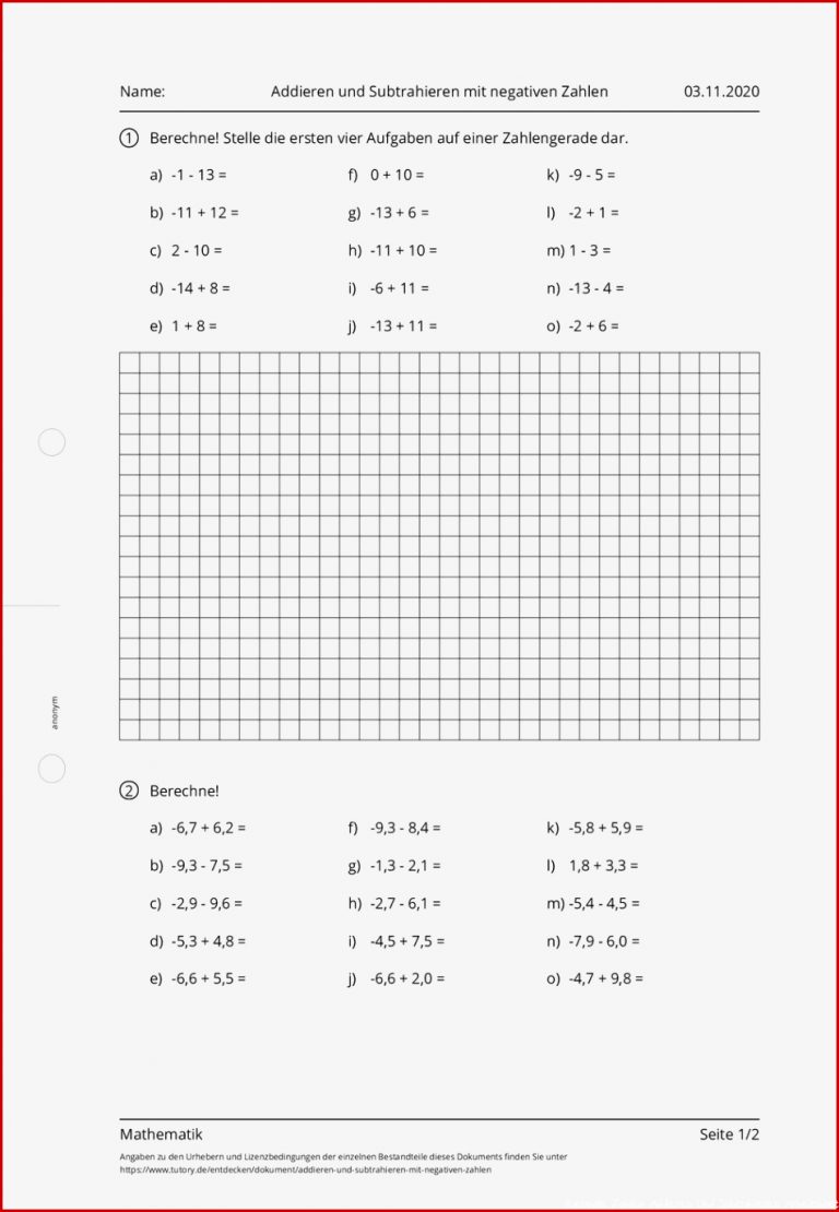 Arbeitsblatt Ad Ren Und Subtrahieren Mit Negativen