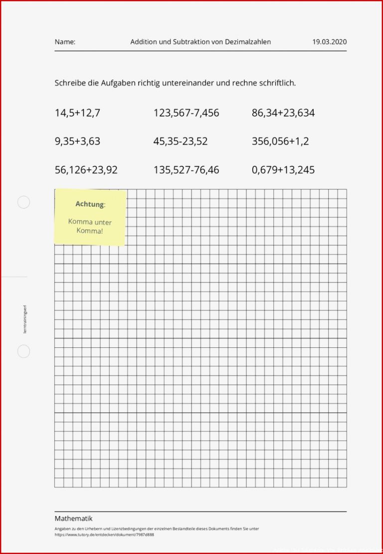 Arbeitsblatt Addition Und Subtraktion Von Dezimalzahlen