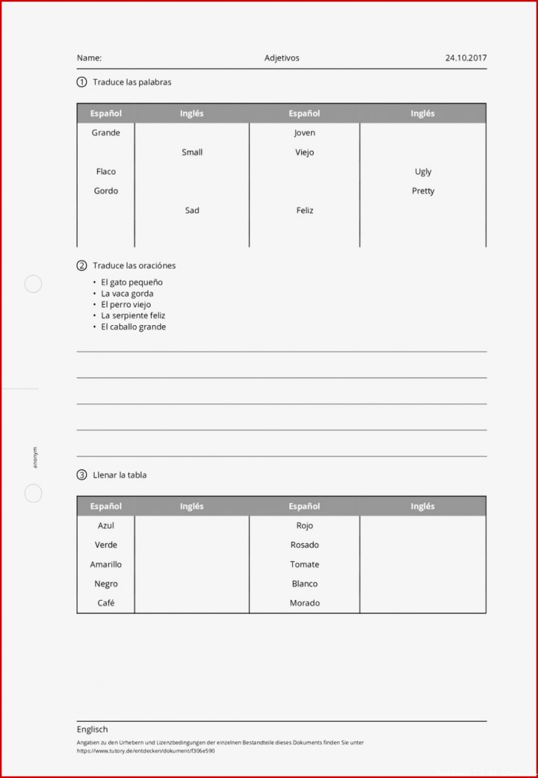 Arbeitsblatt Adjetivos Englisch Grundschule Tutory