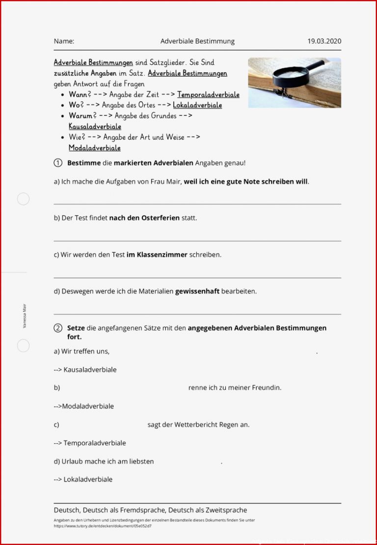 Arbeitsblatt Adverbiale Bestimmung Deutsch & Deutsch