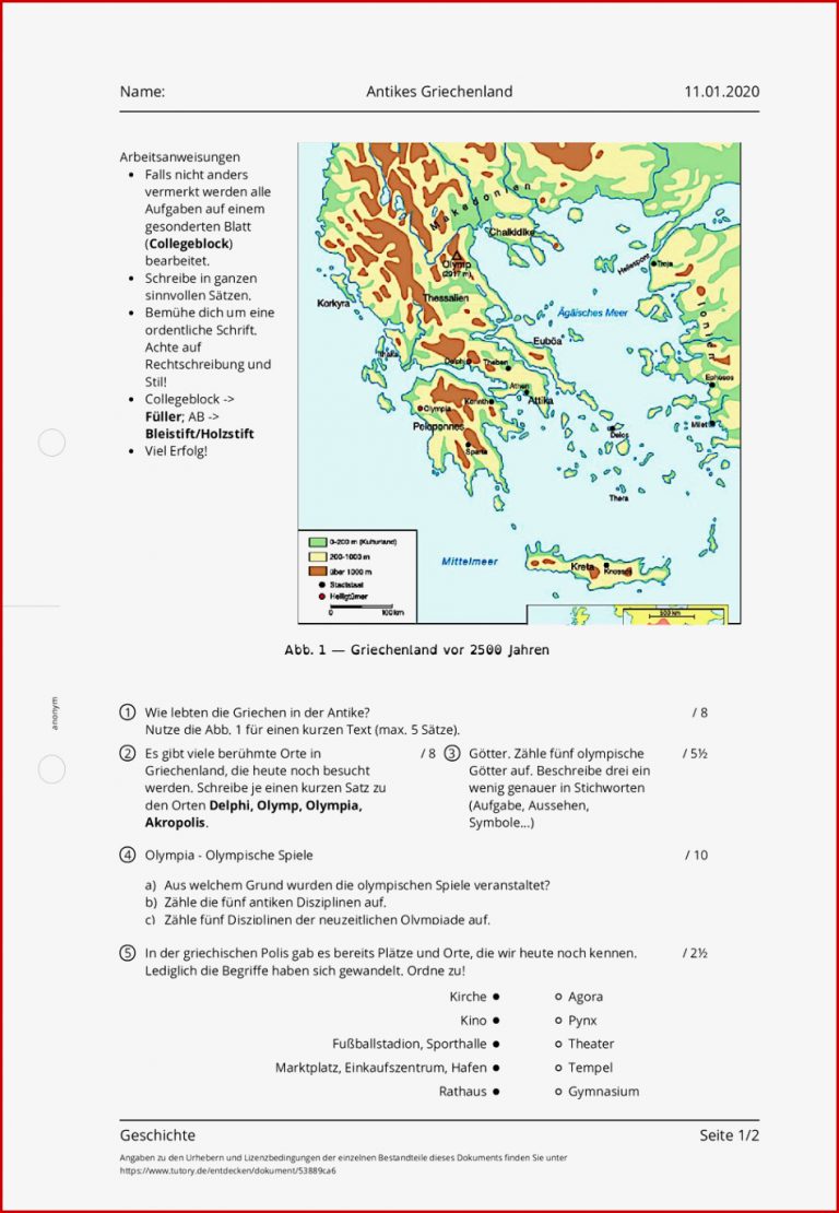 Arbeitsblatt Antikes Griechenland Geschichte Tutory