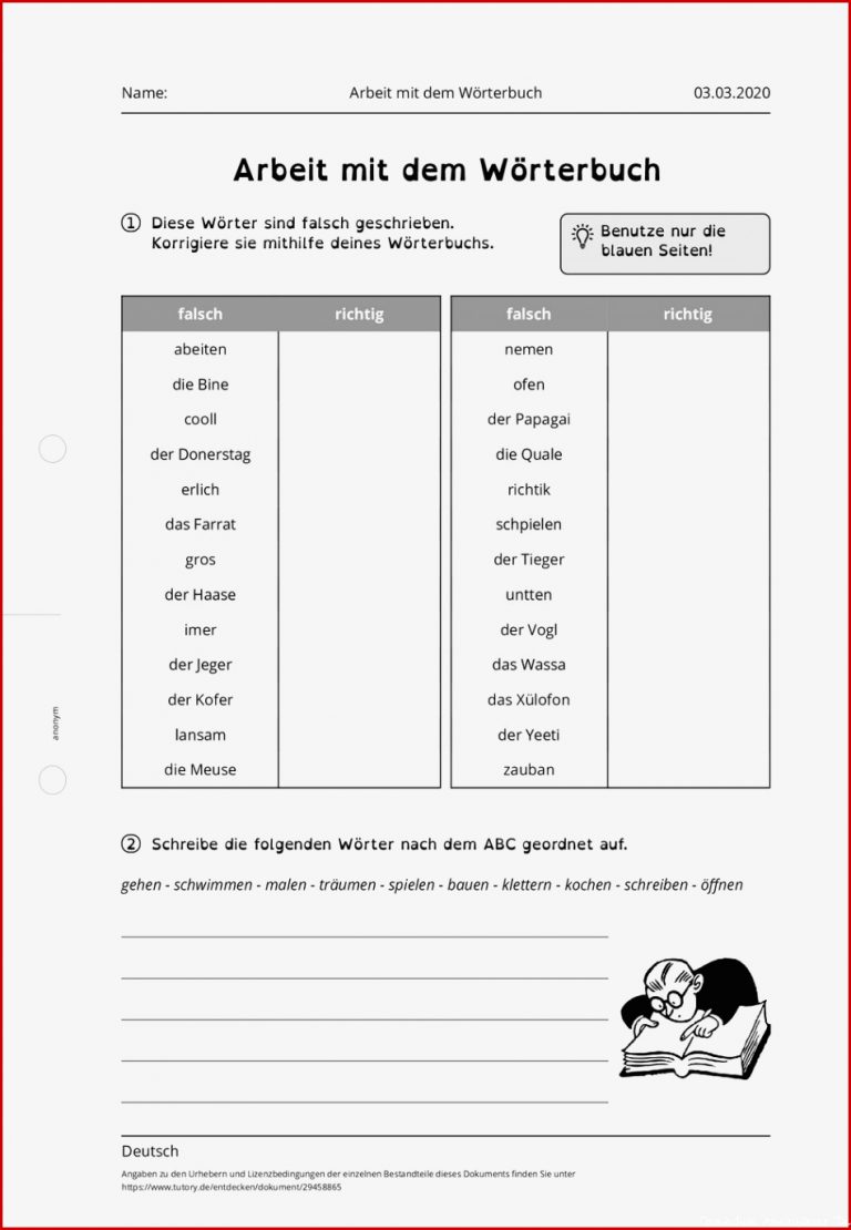 Arbeitsblatt Arbeit Mit Dem Wörterbuch Deutsch