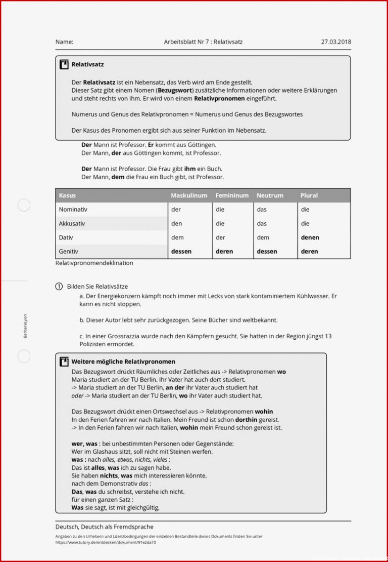 Arbeitsblatt Arbeitsblatt Nr 7 Relativsatz Deutsch