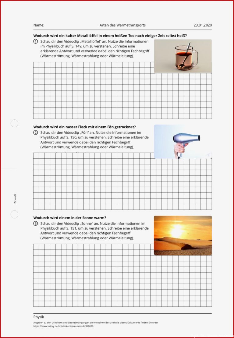 Arbeitsblatt Arten des Wärmetransports Physik