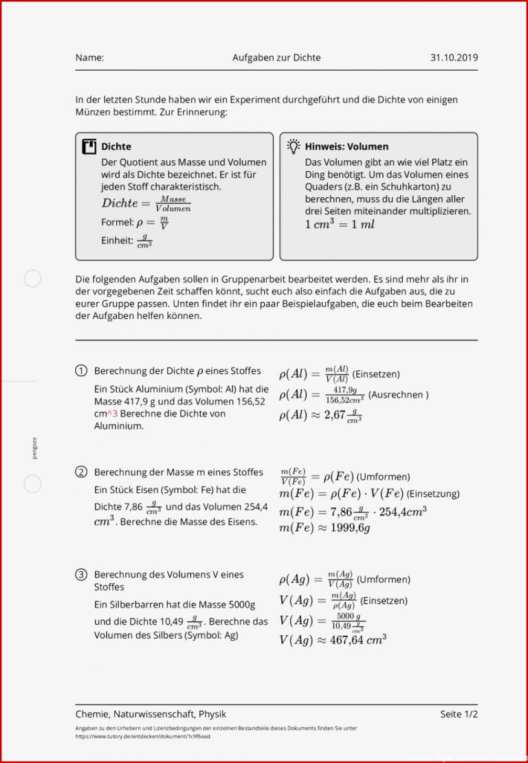 Arbeitsblatt Aufgaben zur Dichte Chemie