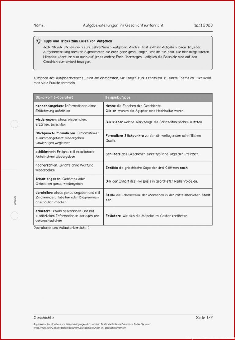 Arbeitsblatt Aufgabenstellungen im Geschichtsunterricht