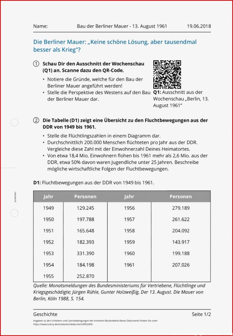 Arbeitsblatt Bau Der Berliner Mauer 13 August 1961