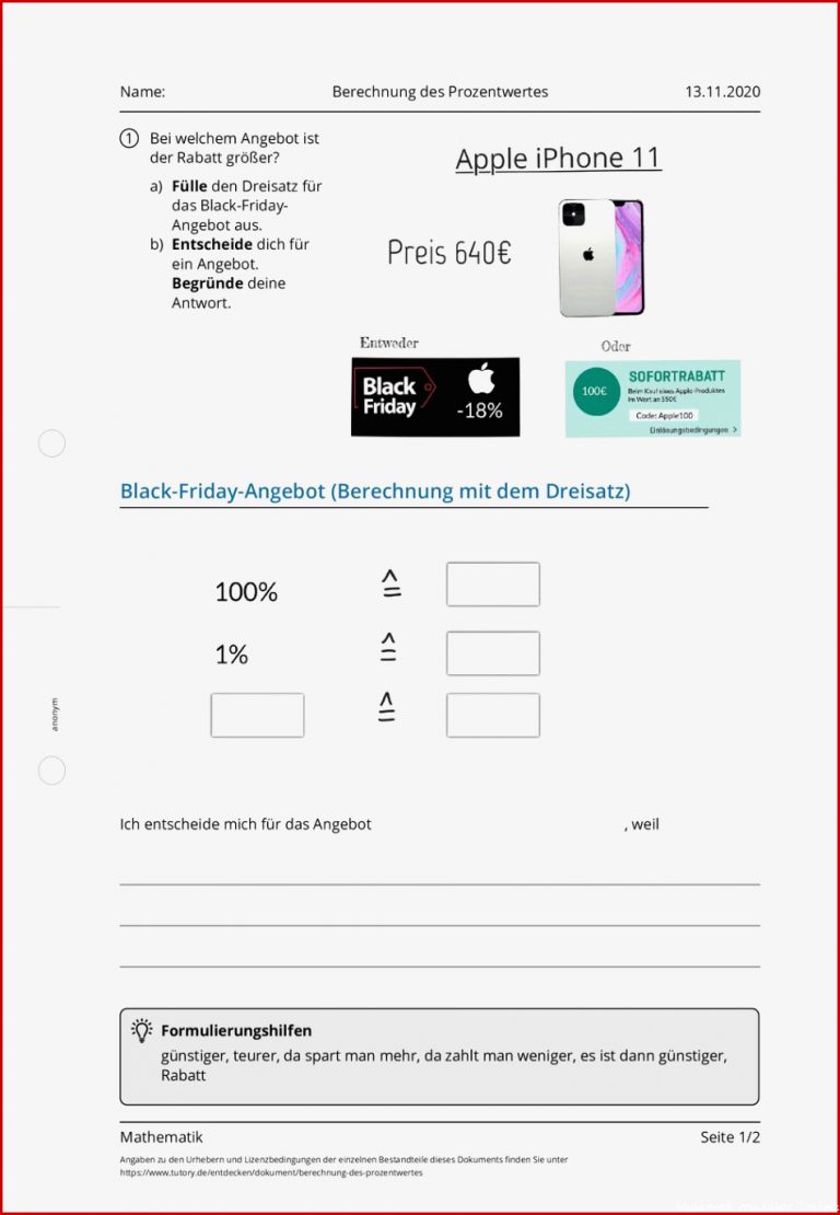 Arbeitsblatt Berechnung des Prozentwertes Mathematik