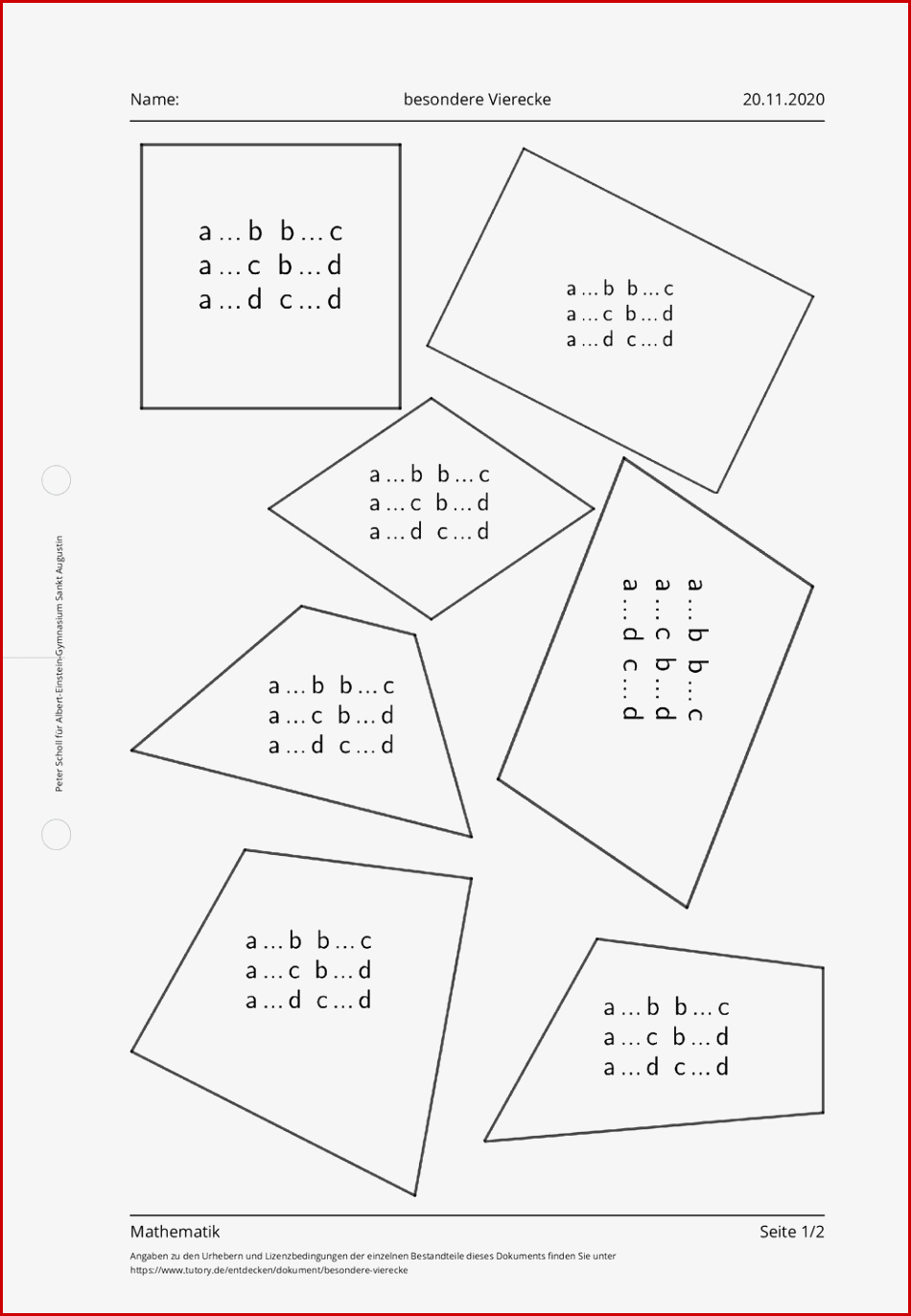 Arbeitsblatt Besondere Vierecke Mathematik Tutory