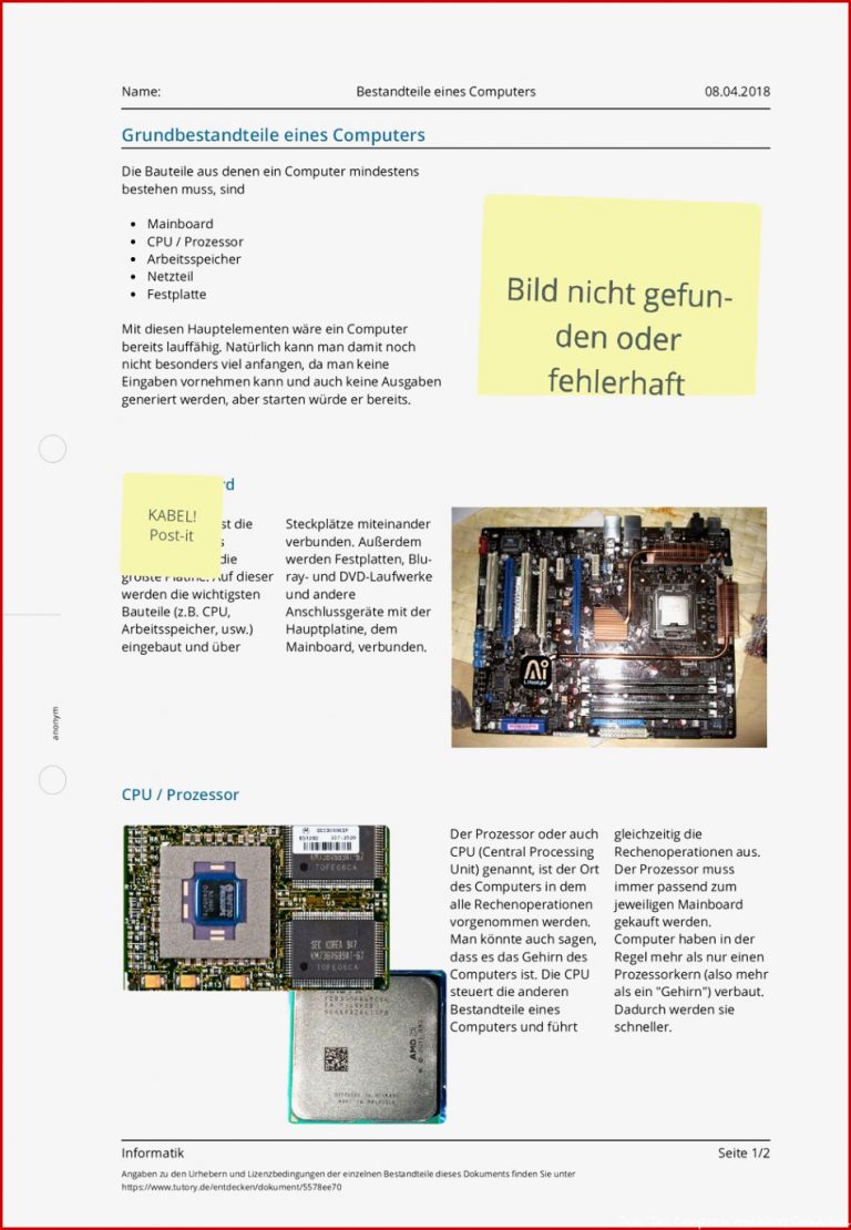 Arbeitsblatt Bestandteile eines puters Informatik