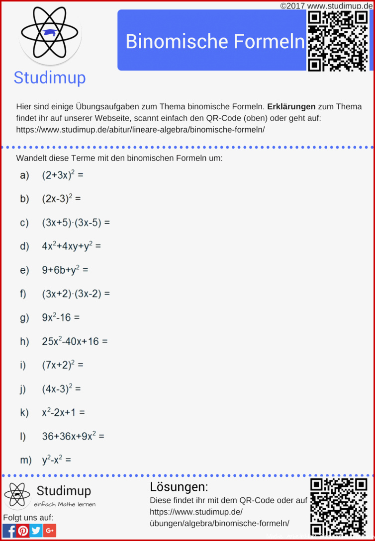 Arbeitsblatt binomische formeln aufgaben Arbeitsblatt