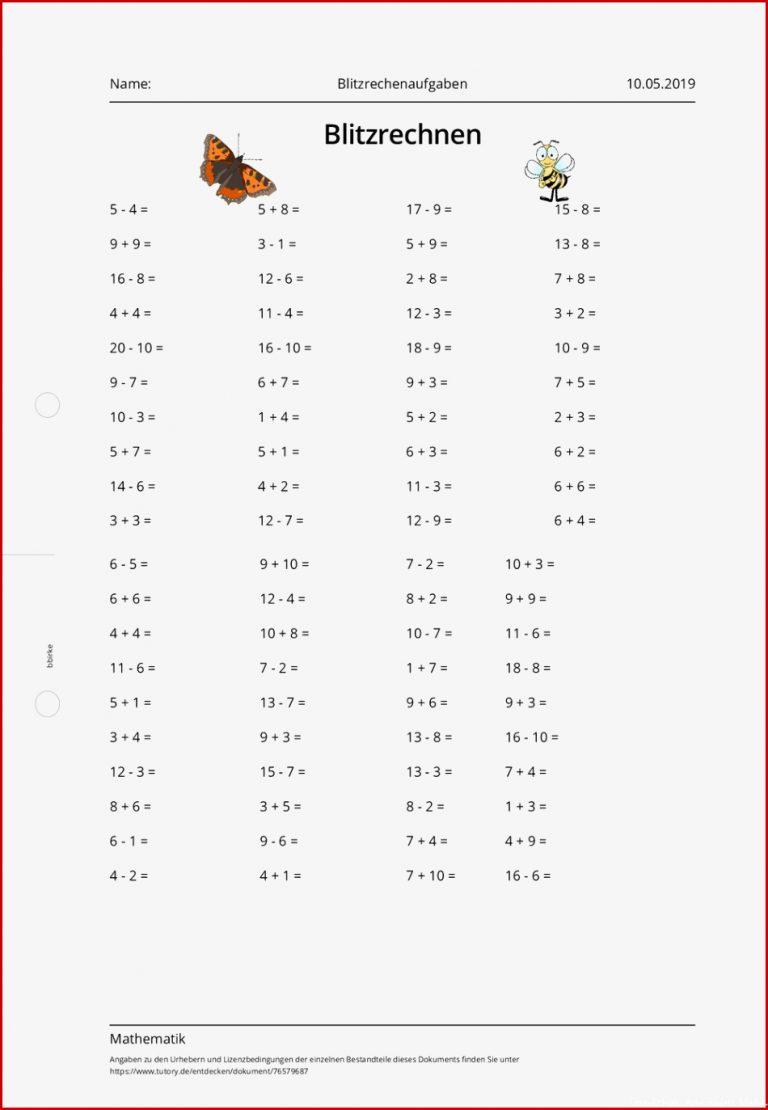 Arbeitsblatt Blitzrechenaufgaben Mathematik