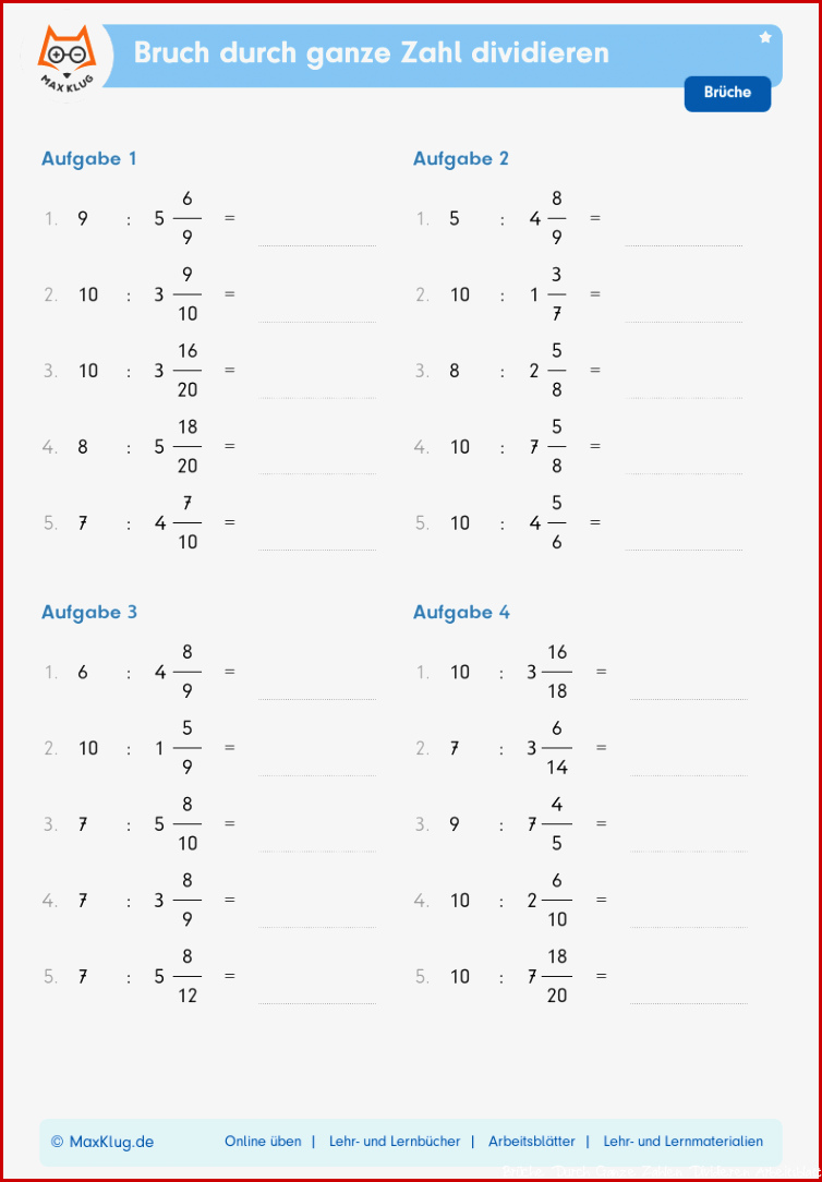 Arbeitsblatt Bruch durch ganze Zahl divi ren