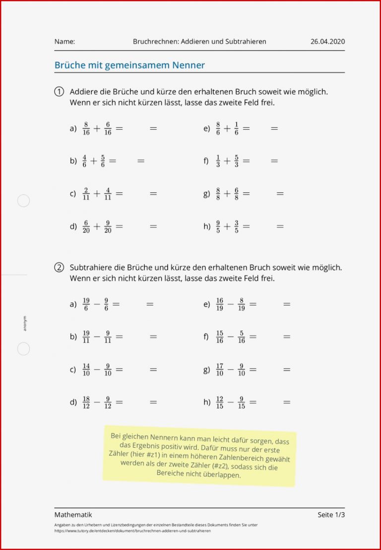 Arbeitsblatt Bruchrechnen Ad ren und Subtrahieren