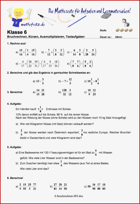 Arbeitsblatt Bruchrechnen Klasse 6