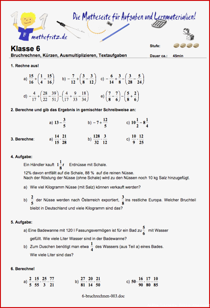 Arbeitsblatt Bruchrechnen Klasse 6