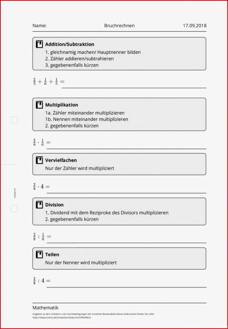 Arbeitsblatt Bruchrechnen Mathematik Allgemeine