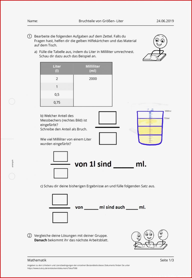 Arbeitsblatt Bruchteile Von Größen Liter Mathematik