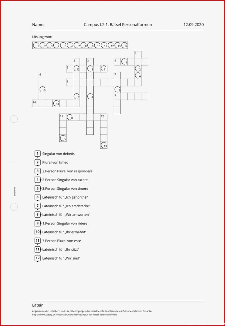 Arbeitsblatt Campus L2 1 Rätsel Personalformen Latein