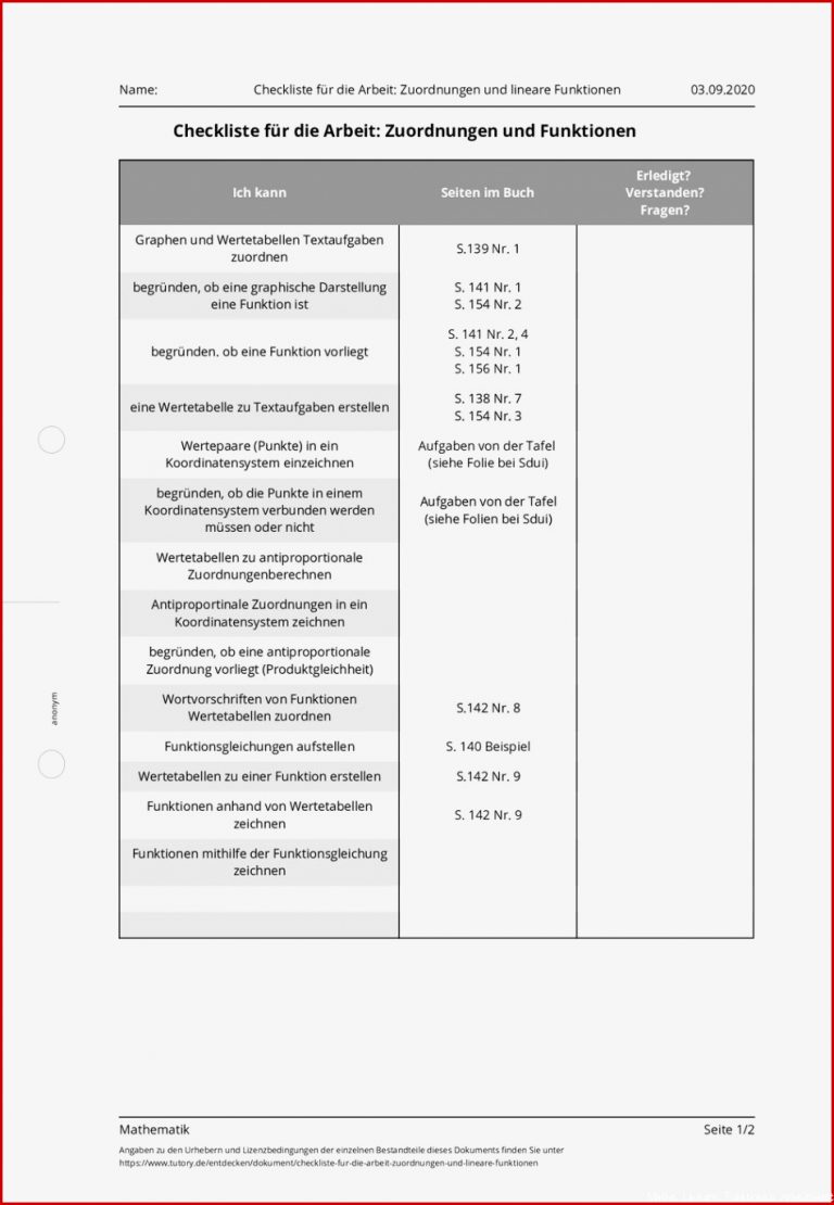Arbeitsblatt Checkliste für Arbeit Zuordnungen und