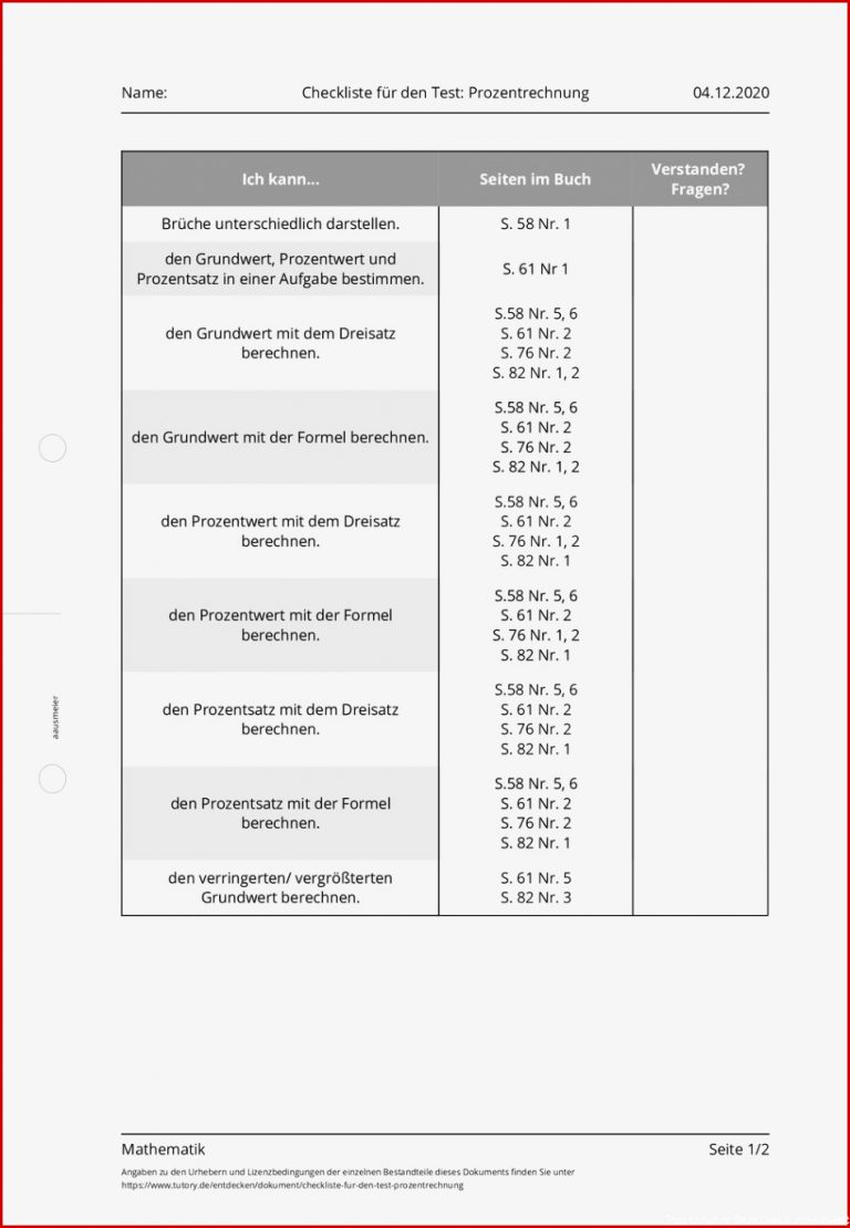 Arbeitsblatt Checkliste für den Test Prozentrechnung