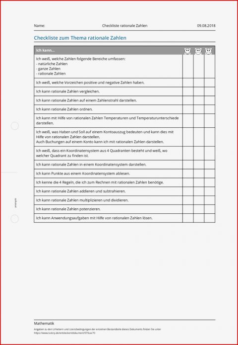 Arbeitsblatt Checkliste Rationale Zahlen Mathematik