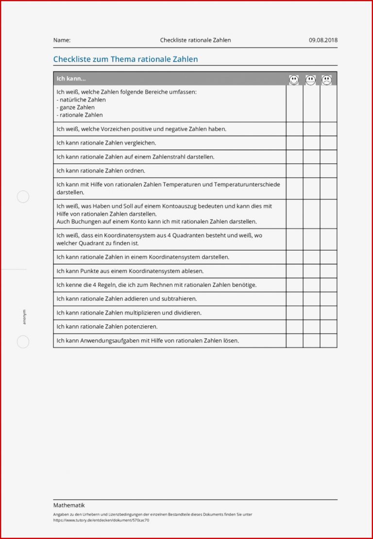 Arbeitsblatt Checkliste Rationale Zahlen Mathematik