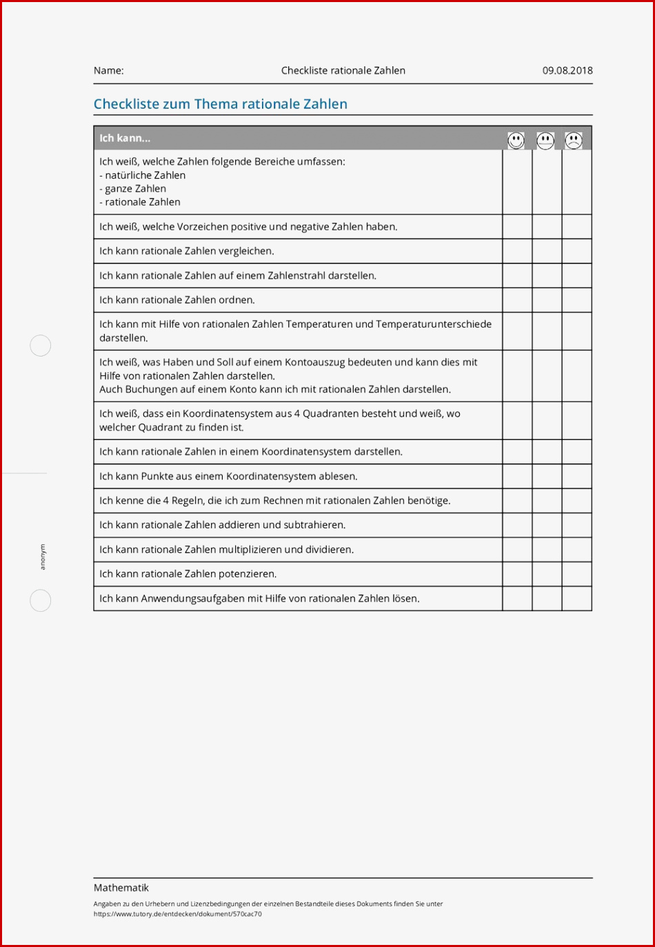 Arbeitsblatt Checkliste Rationale Zahlen Mathematik