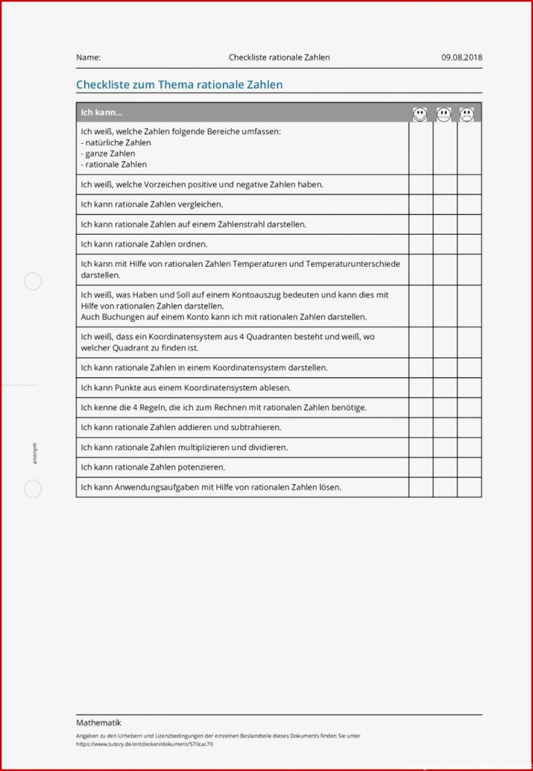 Arbeitsblatt Checkliste Rationale Zahlen Mathematik