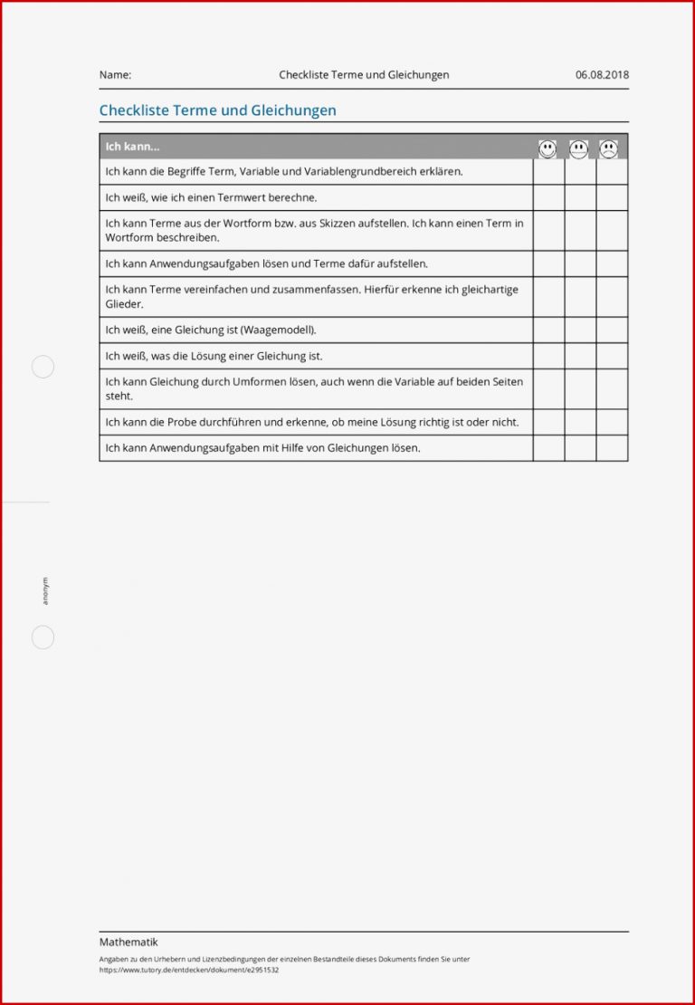 Arbeitsblatt Checkliste Terme und Gleichungen