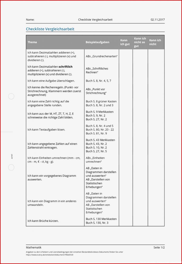 Arbeitsblatt Checkliste Vergleichsarbeit Mathematik