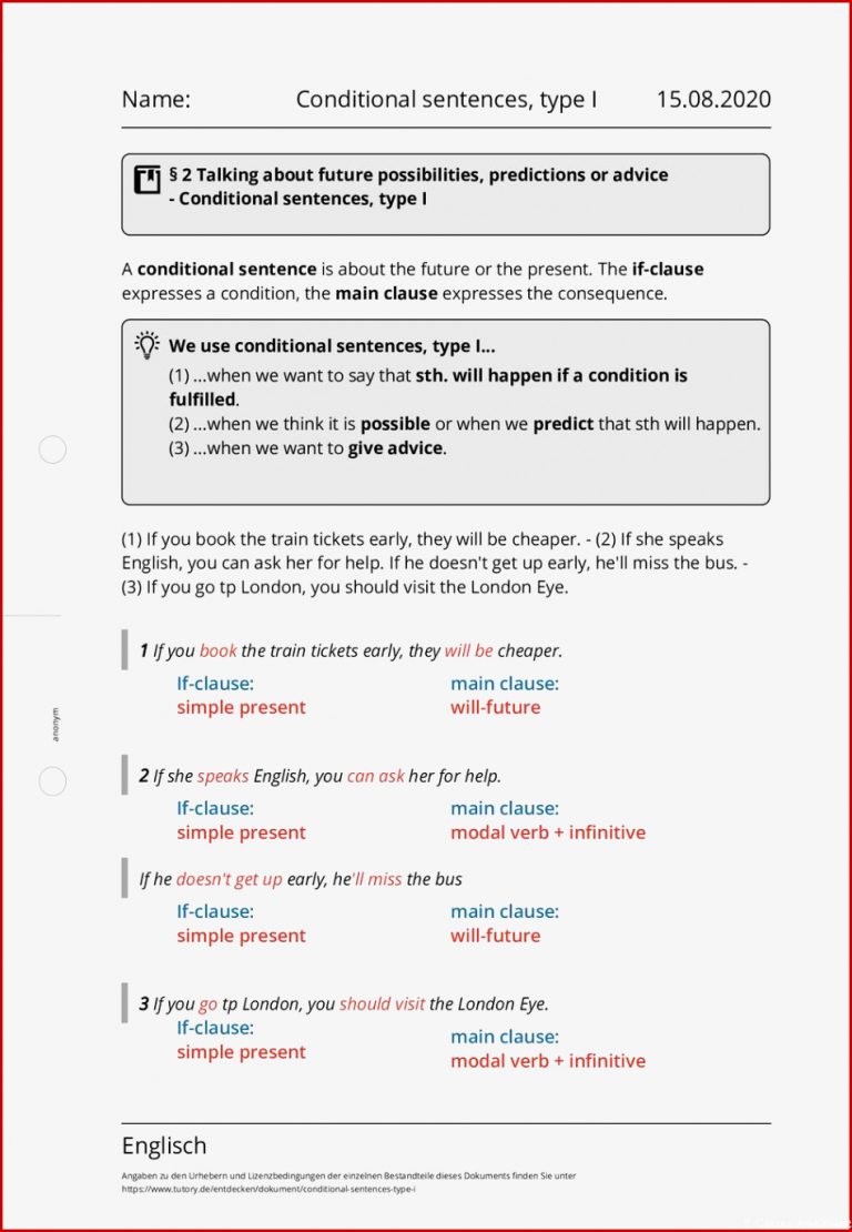 Arbeitsblatt Conditional sentences type I Englisch