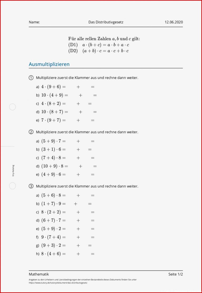 Arbeitsblatt Das Distributivgesetz Mathematik tutory