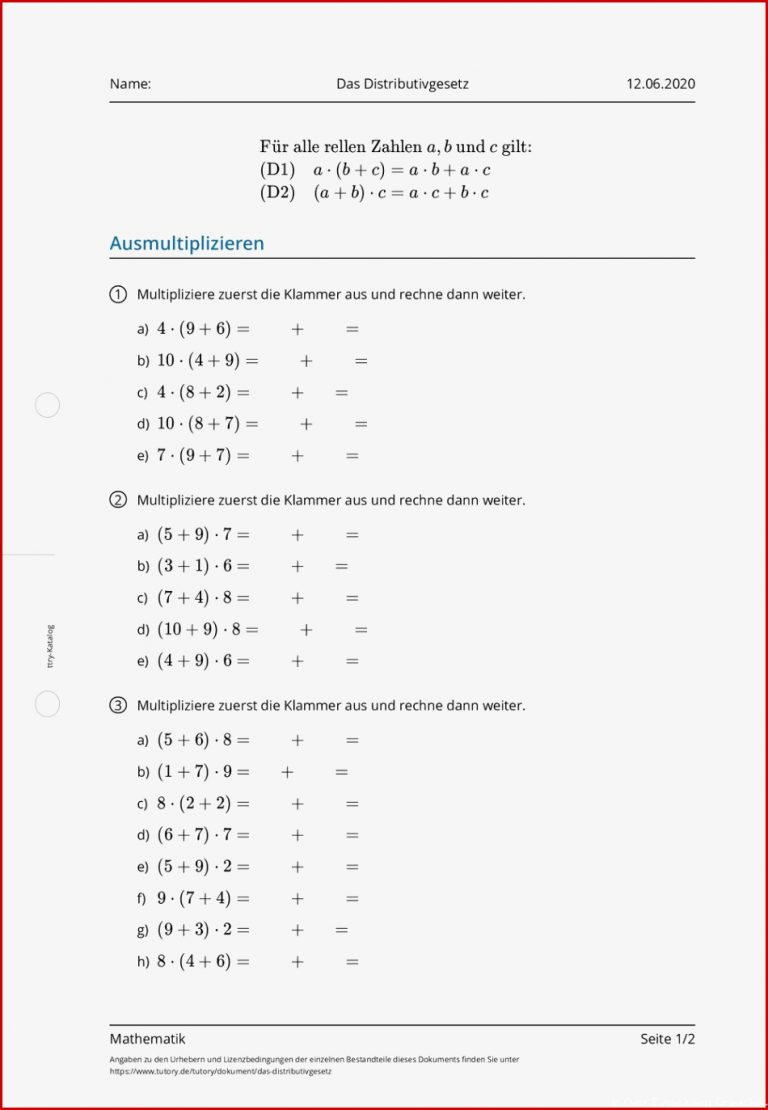 Arbeitsblatt Das Distributivgesetz Mathematik Tutory