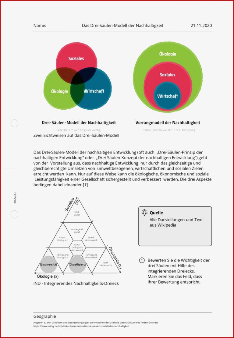 Arbeitsblatt Das Drei Säulen Modell der Nachhaltigkeit