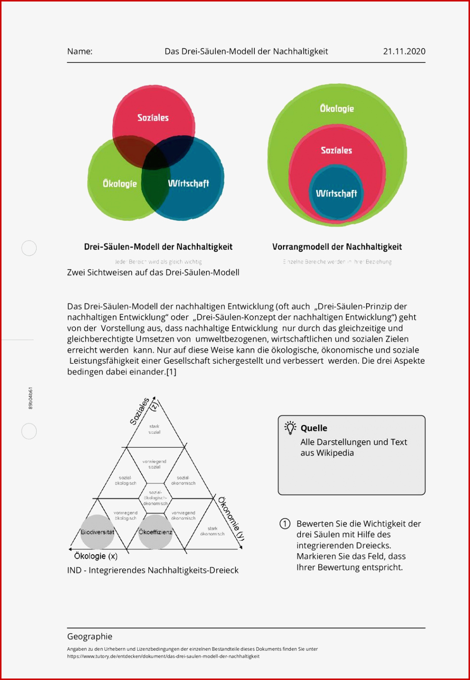 Arbeitsblatt Das Drei Säulen Modell Der Nachhaltigkeit