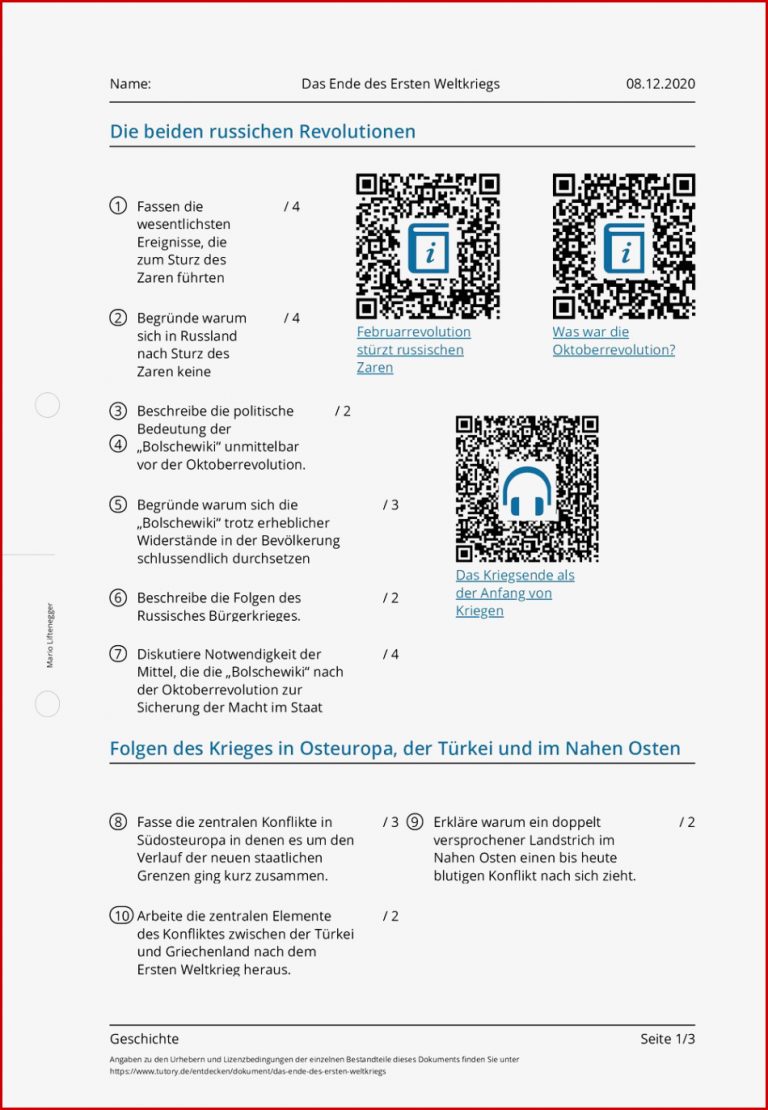 Arbeitsblatt Das Ende des Ersten Weltkriegs Geschichte