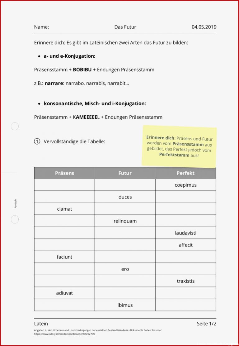 Arbeitsblatt Das Futur Latein Tutory