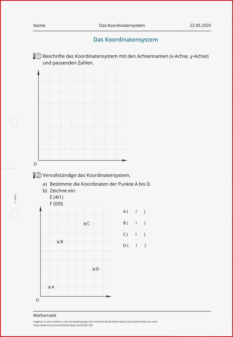 Arbeitsblatt Das Koordinatensystem Mathematik tutory