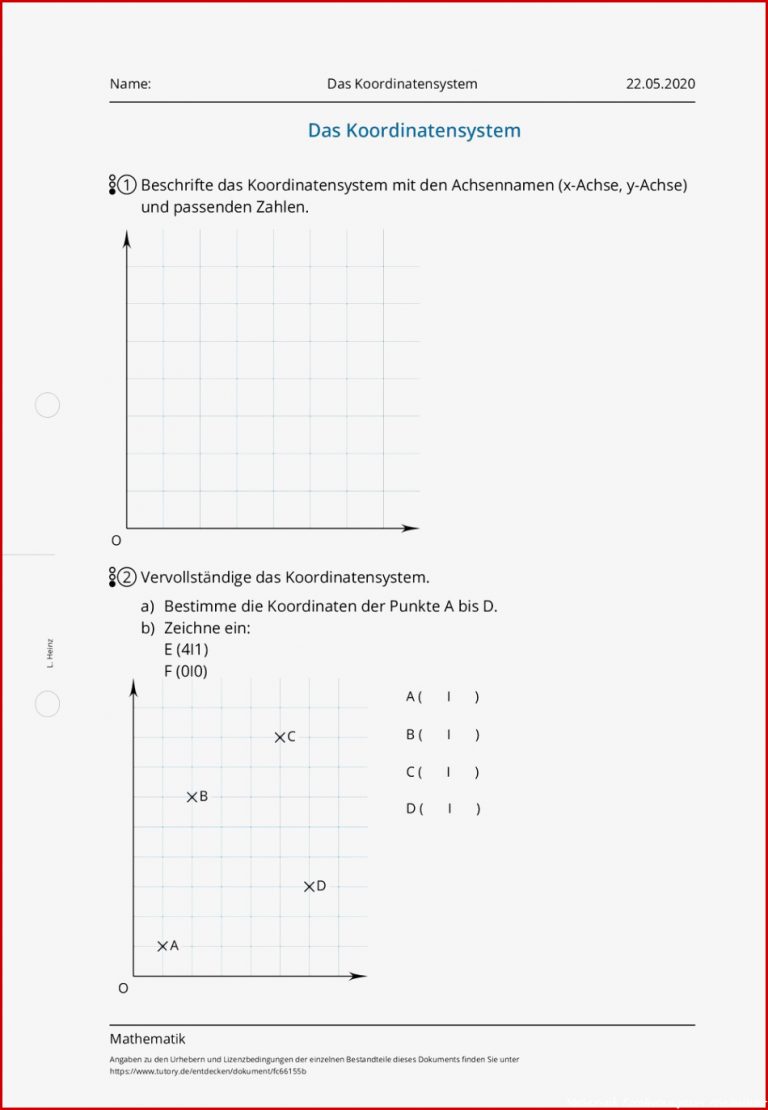 Arbeitsblatt Das Koordinatensystem Mathematik Tutory