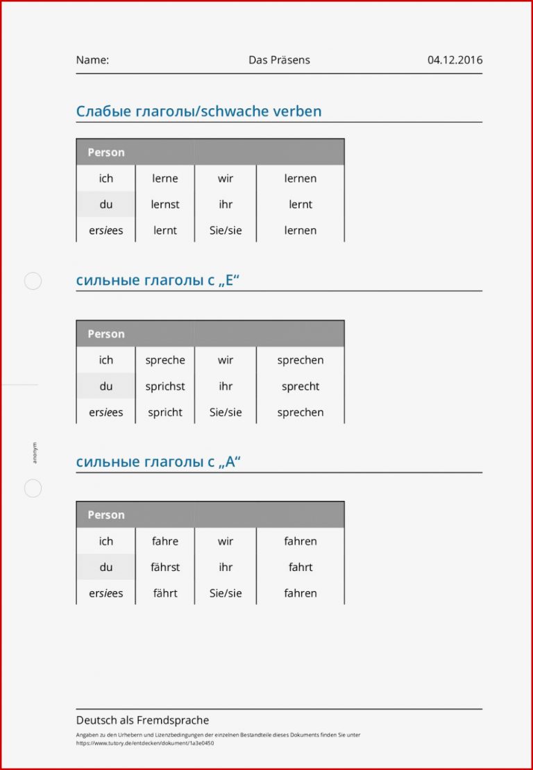 Arbeitsblatt Das Präsens Deutsch als Fremdsprache
