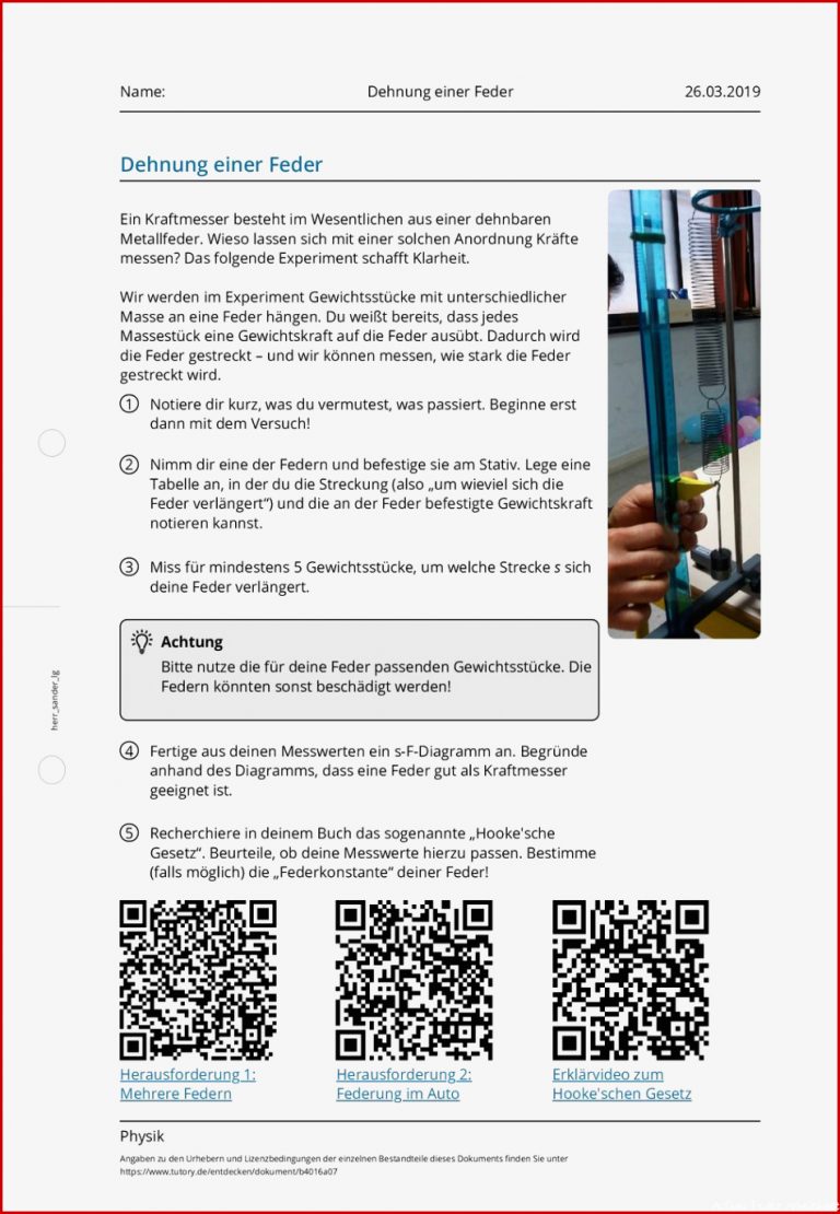 Arbeitsblatt Dehnung Einer Feder Physik Tutory