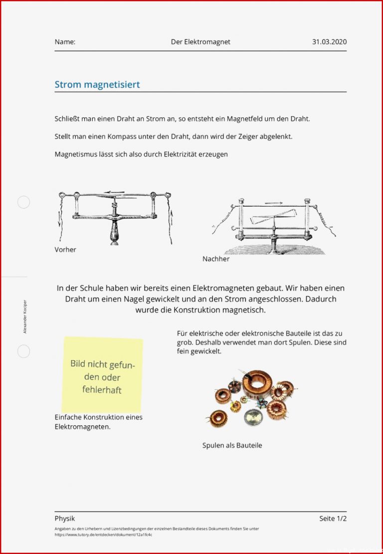 Arbeitsblatt Der Elektromagnet Physik tutory