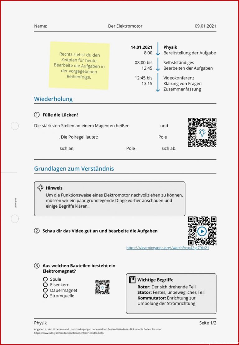 Arbeitsblatt Der Elektromotor Physik tutory