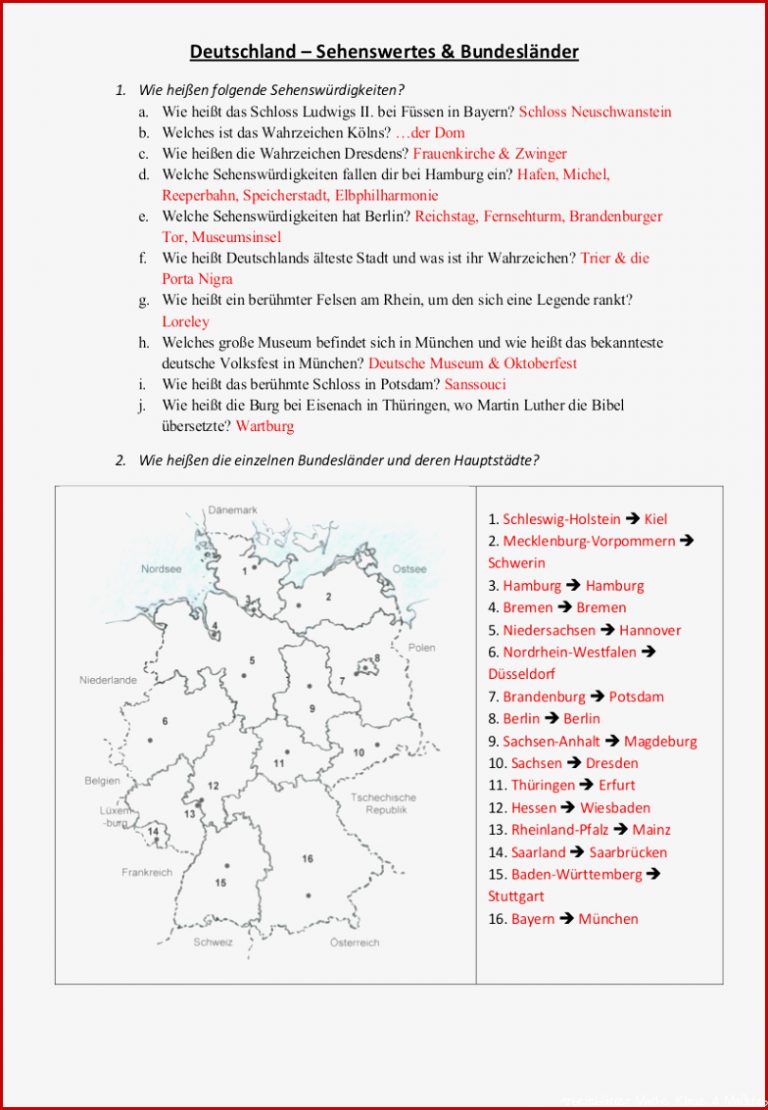 Arbeitsblatt Deutschland Bundesländer