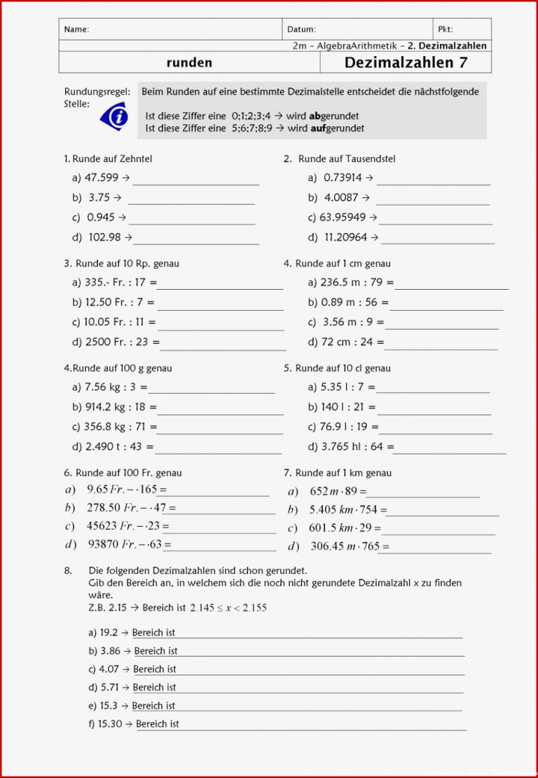 Arbeitsblatt Dezimalzahlen Arbeitsblätter Zum Ausdrucken