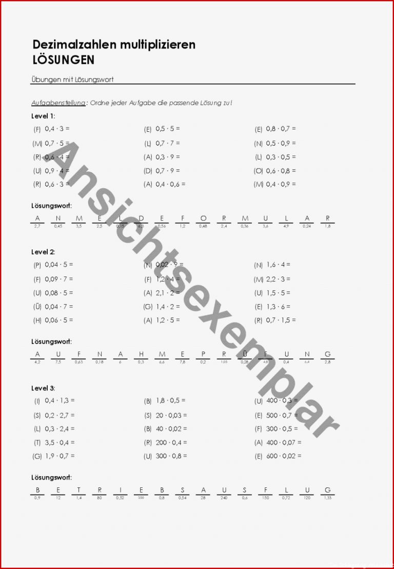 Arbeitsblatt "dezimalzahlen Multiplizieren Aufgaben Mit